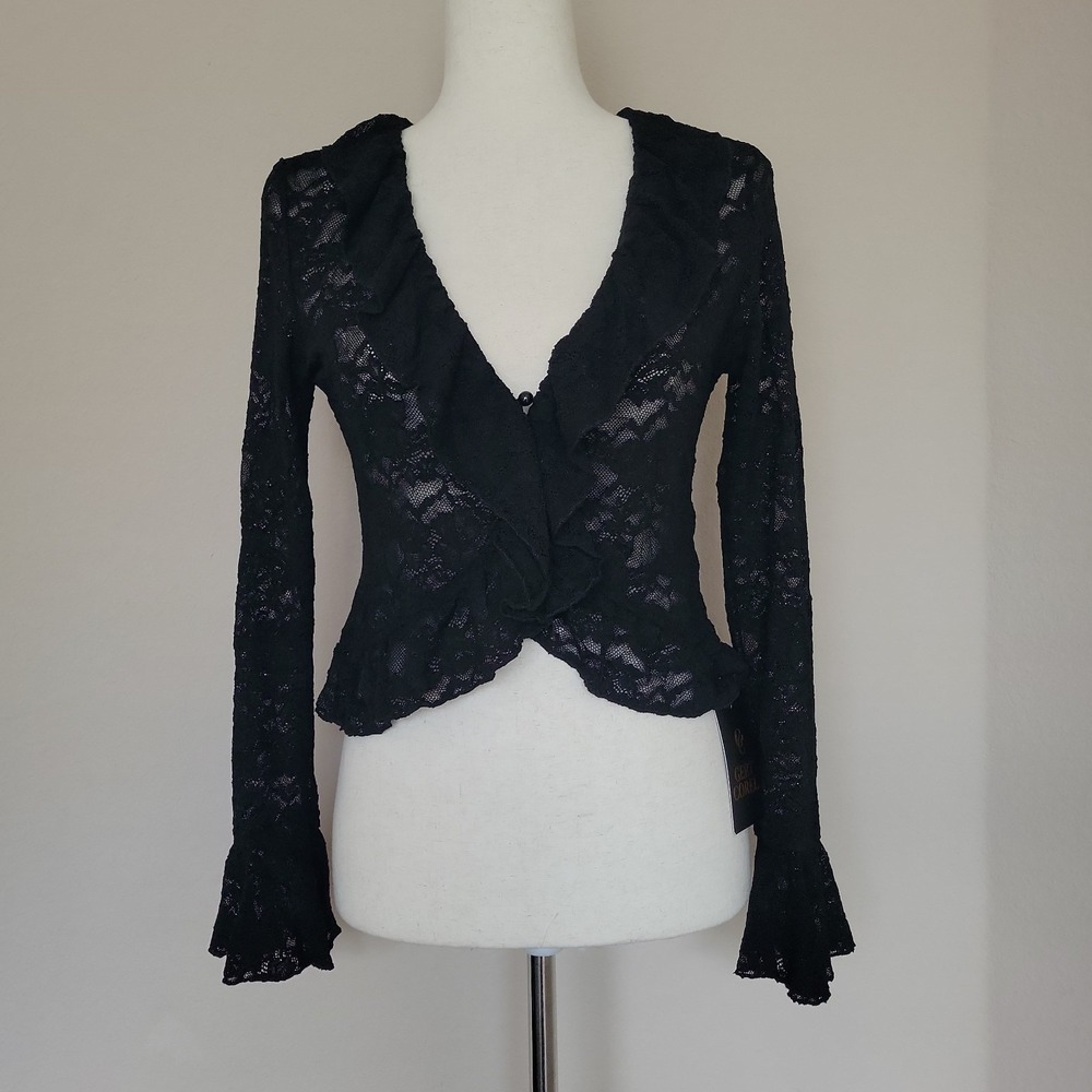 Black Sheer Lace Top Sz XS Bell Sleeves Whimsigoth New Y2K Style Ruffle Romantic